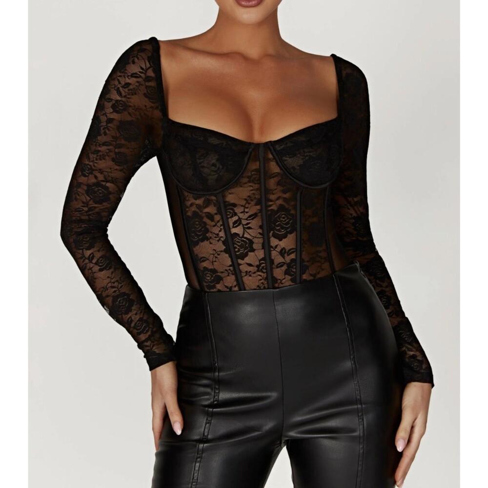 Meshki Cheryl Black Lace Corset Bodysuit Bustier M Goth Witchy Dark Fairy NWT